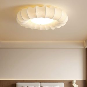 Traditional Vintage Circular Silk Shade Iron Solid Wooden Base LED Semi-Flush Mount Ceiling Light For Bedroom
