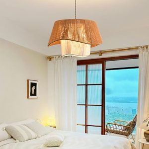 Pendant Light Rustic Woven Hemp Rope Cage Basket Coastal Light Fixture, Farmhouse Hanging Lighting for Dining Table Kitchen Island Bedroom