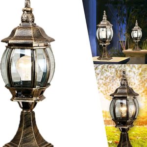 Gold,BLACK Glass Panel Outdoor Vintage Lantern E27 Post Pedestal Light IP44 Exterior Rating Column Light Waterproof Pillar Lamps Vintage Rustic Post Pole Pillar for Gardens Courtyard Patio Terrace Gate