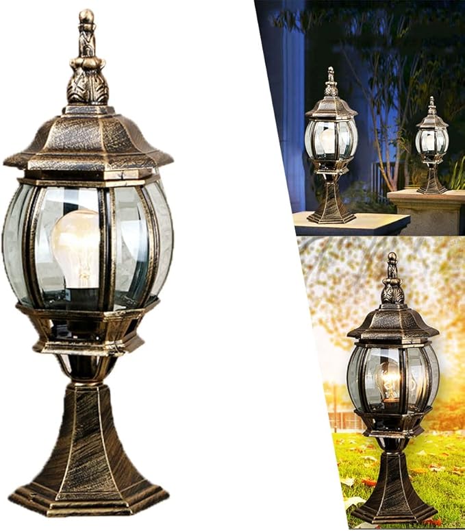Gold,BLACK Glass Panel Outdoor Vintage Lantern E27 Post Pedestal Light IP44 Exterior Rating Column Light Waterproof Pillar Lamps Vintage Rustic Post Pole Pillar for Gardens Courtyard Patio Terrace Gate