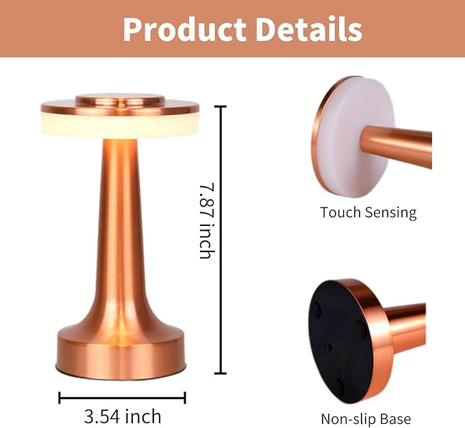 Table Lamp, Touch Control Rechargeable Cordless LED Desk Lamps Battery Powered Small Night Light with USB Port for Living Room, Dorm, Home Office Gold,RED,BLACK,SILVER - Image 3