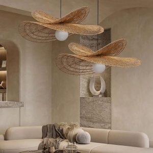 Rattan Pendant Light Bohemian Style Restaurant Hanging Lights E27 Base Height Adjustable Home Decorative Lamp European Style Creative Chandelier Shade for Kitchen Island Dining Table Bar