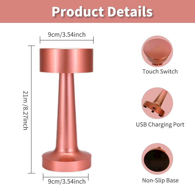 Table Lamps, Battery Operated Desk Lamp with Touch Sensor, USB Rechargeable Bedside Night Light Portable Nightstand Lamp for Bedroom, Restaurant, Office, Dorm (RED,BLACK,GOLD,BROWN,WHITE,SILVER) - Image 3