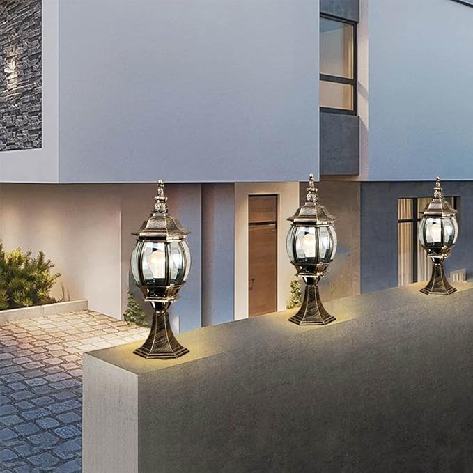 Gold,BLACK Glass Panel Outdoor Vintage Lantern E27 Post Pedestal Light IP44 Exterior Rating Column Light Waterproof Pillar Lamps Vintage Rustic Post Pole Pillar for Gardens Courtyard Patio Terrace Gate - Image 3