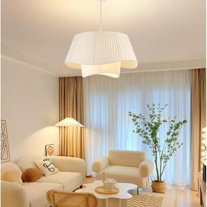 Modern Chandelier, Pendant Lights With Beige Fabric Shade, Romantic Cream Style Hanging Lamp For Living Room Bedroom Or Girls' Room