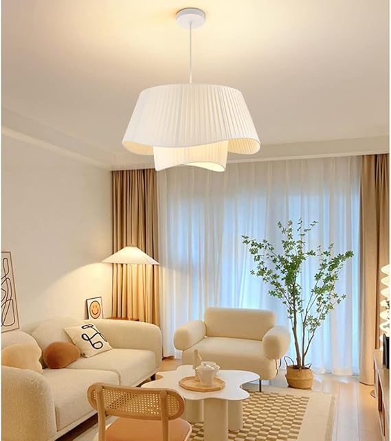 Modern Chandelier, Pendant Lights With Beige Fabric Shade, Romantic Cream Style Hanging Lamp For Living Room Bedroom Or Girls' Room