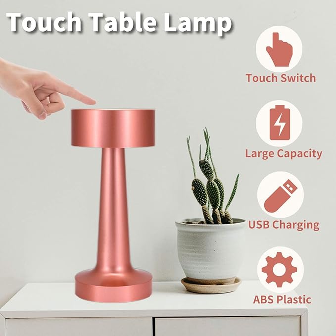 Table Lamps, Battery Operated Desk Lamp with Touch Sensor, USB Rechargeable Bedside Night Light Portable Nightstand Lamp for Bedroom, Restaurant, Office, Dorm (RED,BLACK,GOLD,BROWN,WHITE,SILVER) - Image 2
