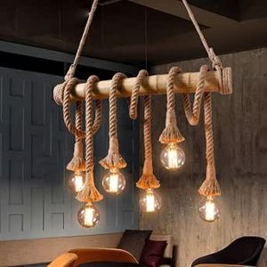 6-Light Farmhouse Hemp Rope Chandelier Rustic Pendant Lighting Industrial Bamboo Hanging Lamp Vintage Ceiling Light Fixture for Living Room Dining Room Bedroom Kitchen Island#60CM#80CM#100CM
