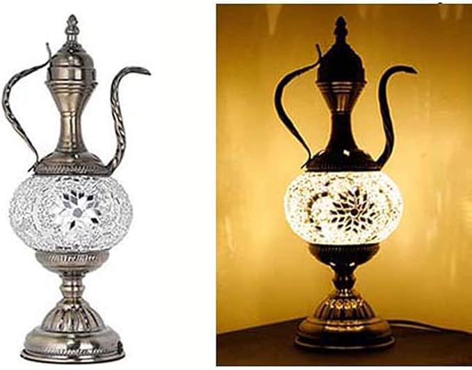 Turkish Teapot Table Lamp Moroccan Bohemia Retro Decorative Night Light Tiffany Style Handmade Mosaic Glass Desk Lights for Bedroom Living Room Gift Lights, 110-240V,B
