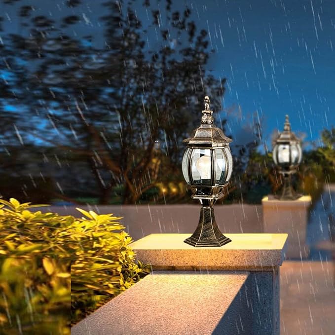 Gold,BLACK Glass Panel Outdoor Vintage Lantern E27 Post Pedestal Light IP44 Exterior Rating Column Light Waterproof Pillar Lamps Vintage Rustic Post Pole Pillar for Gardens Courtyard Patio Terrace Gate - Image 2