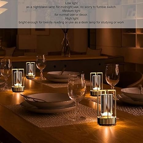 Table Lamp for Outdoor Indoor, Rechargeable LED Crystal Lantern Lamp, 3 Color Stepless Dimming Touch, Battery Powered Table Light for Bedroom Restaurant(Metal Touch LAMP) - Image 3