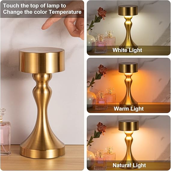 Table Lamp, Wireless, USB Rechargeable Table Lamp with 3 Colour Changes, IP54 Waterproof, Touch Dimmable Table Lamp for Bedroom, Living Room, Restaurant, Garden, Bar Decor, Gold,RED,BLACK,SILVER