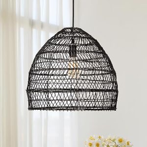 Rattan Pendant Light Boho Wicker Black Lampshade Hanging Ceiling Light Fixture for Kitchen Living Room Bedroom Coffee Shop
