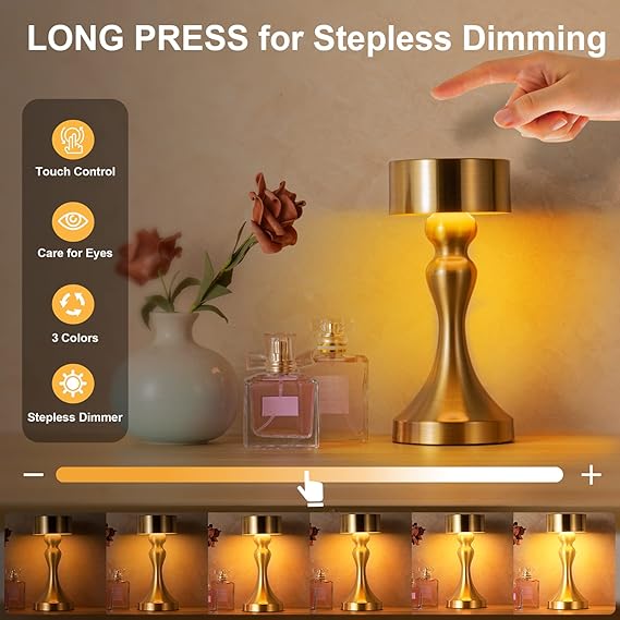 Table Lamp, Wireless, USB Rechargeable Table Lamp with 3 Colour Changes, IP54 Waterproof, Touch Dimmable Table Lamp for Bedroom, Living Room, Restaurant, Garden, Bar Decor, Gold,RED,BLACK,SILVER - Image 2