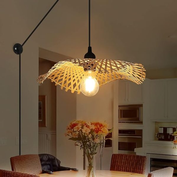Modern Plug in Pendant Lighting Handmade Rattan Chandelier with Mounted Lamps Lotus Leaf Design Natural Bamboo Ceiling Lights for Living Room, Bedroom(Excluded E27 Bulb）