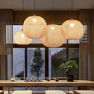 Bamboo Pendant Light Hand-Woven Ball Circular Ceiling Chandelier Retro Chinese Simple Globe Rattan Art Hanging Lamp E27 for The Restaurant Bar,...