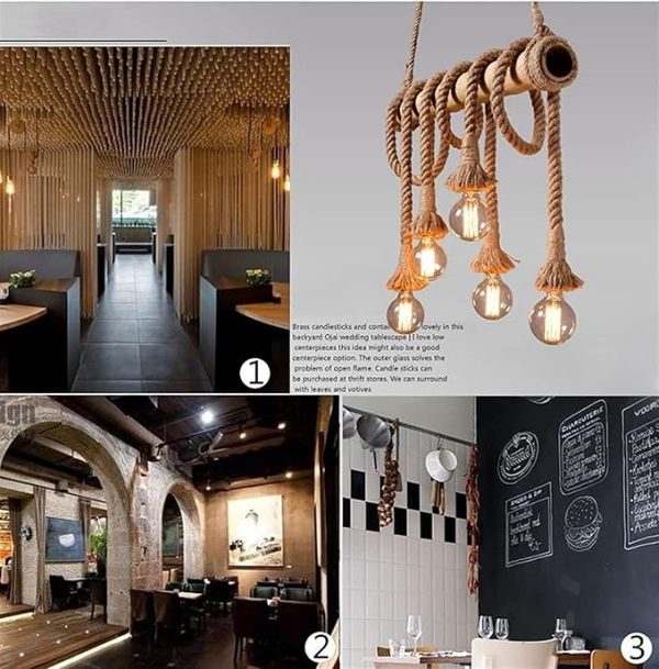 6-Light Farmhouse Hemp Rope Chandelier Rustic Pendant Lighting Industrial Bamboo Hanging Lamp Vintage Ceiling Light Fixture for Living Room Dining Room Bedroom Kitchen Island#60CM#80CM#100CM - Image 4