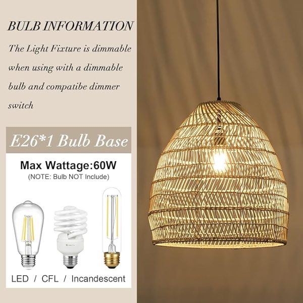 Modern Handwoven Rattan Basket Pendant Light Rural Ceiling Light Fixture With Adjustable Cord Dining Room Hallway Bar Living Room - Image 4