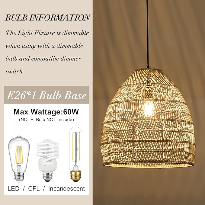 Modern Handwoven Rattan Basket Pendant Light Rural Ceiling Light Fixture With Adjustable Cord Dining Room Hallway Bar Living Room - Image 4