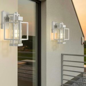 Dusk to Dawn Outdoor Wall Sconce White Exterior Wall Sconce Rust-Resistant Porch Light with Seeded Glass Modern Wall Sconce for Garage Front Door#WH#BLACK