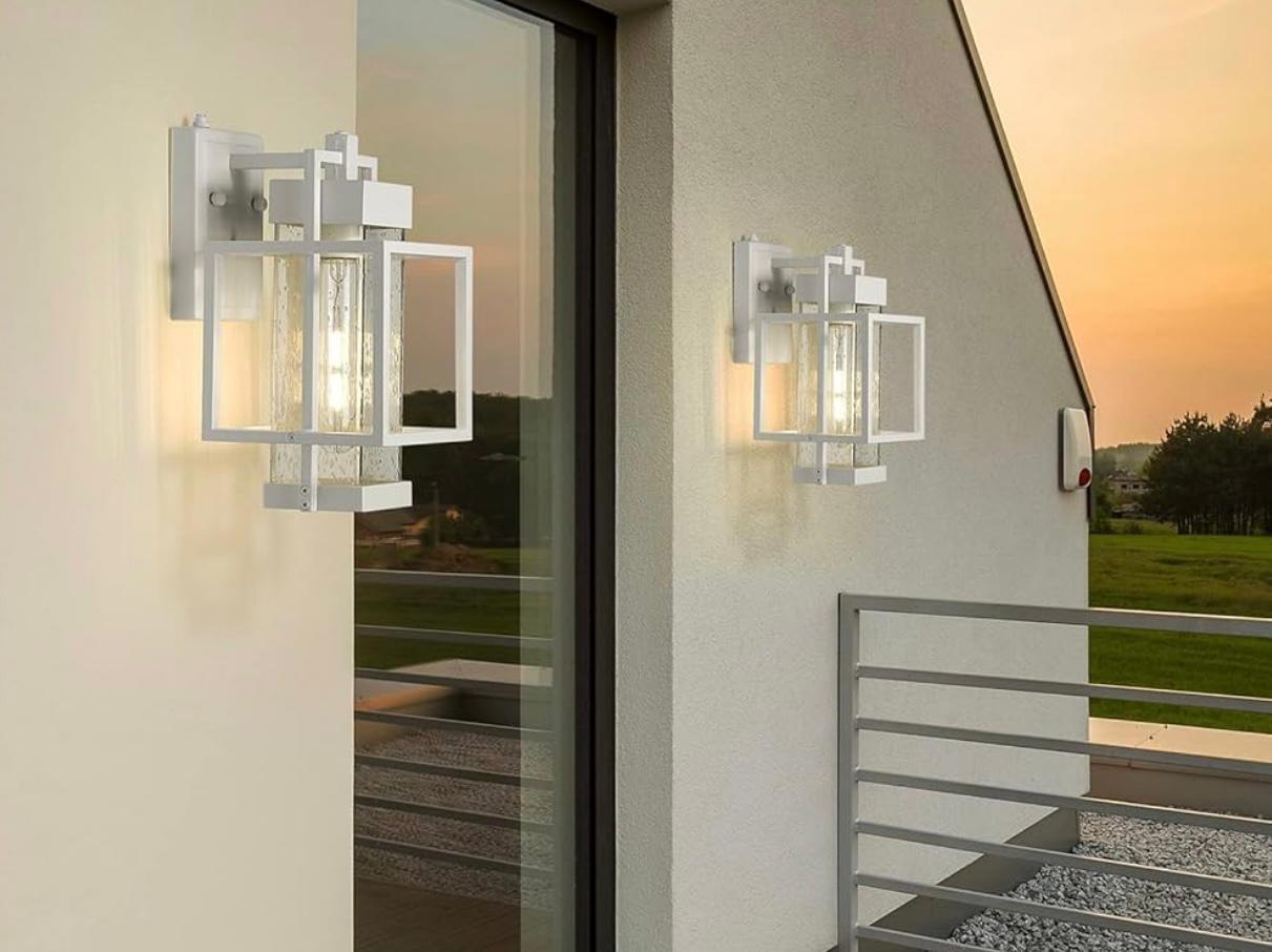 Dusk to Dawn Outdoor Wall Sconce White Exterior Wall Sconce Rust-Resistant Porch Light with Seeded Glass Modern Wall Sconce for Garage Front Door#WH#BLACK