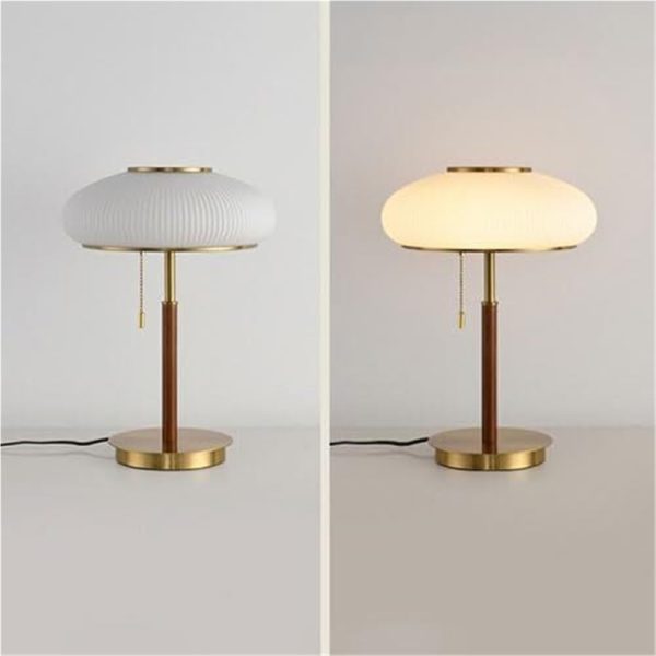 Vintage Walnut Bedside Desk Lamp White Ribbed Glass Table Lamps Dome Desktop Night Stand Light for Home Decor and Study Room(White Light) - Image 2