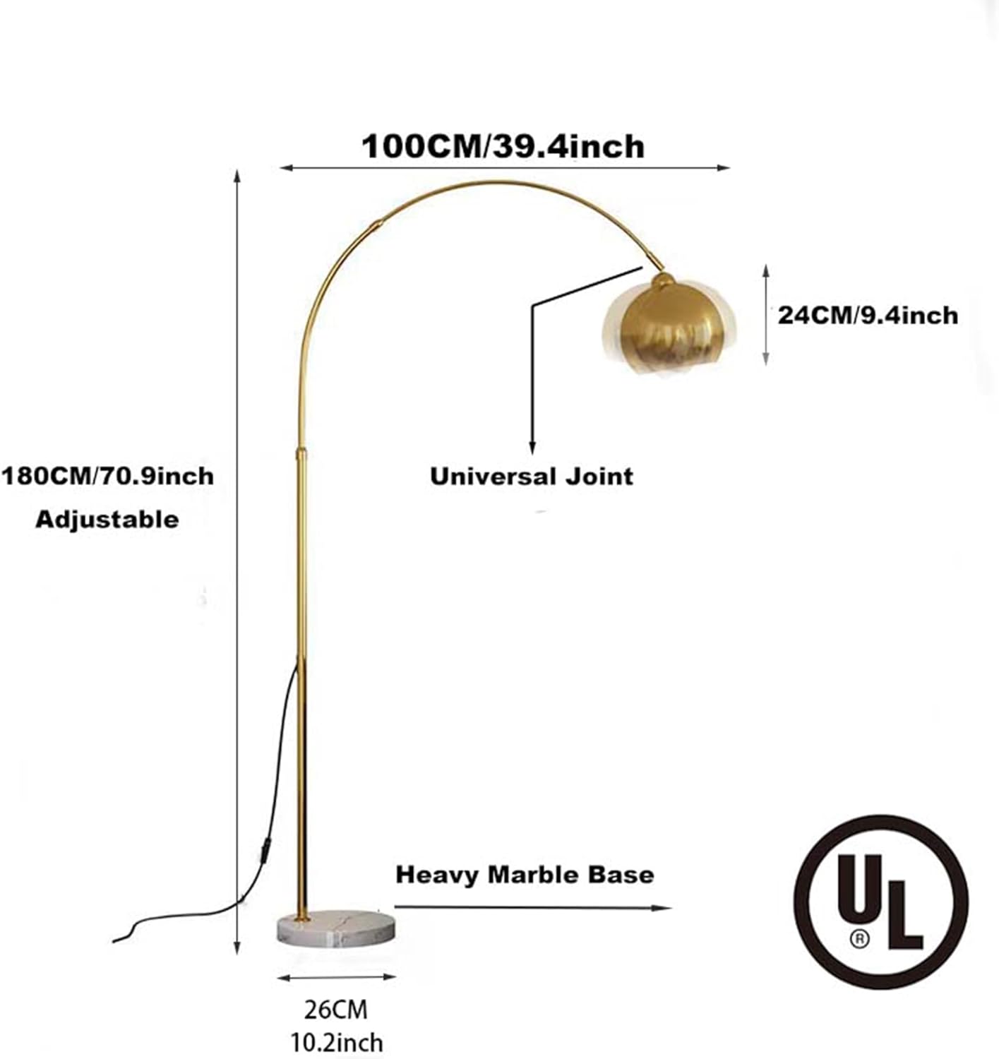 Gold Modern Arc Floor Lamp, 70.9in Arc Floor Lamp with Inner Gold Metal Shade/SILVER and White Marble Base, Arc Lamps Floor Standing with 5W Bulb, Over Couch Lamp for Living Room, Bedroom - Image 3