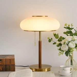 Vintage Walnut Bedside Desk Lamp White Ribbed Glass Table Lamps Dome Desktop Night Stand Light for Home Decor and Study Room(White Light)