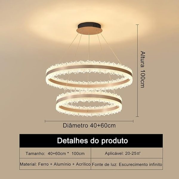 Modern LED Pendant Light 3 Colors (3000K-4000K-6000K) - Remote Color and Brightness Adjustment - Adjustable Double Circle Design 40+60cm - 115W/80+60+40CM/60CM - For Dining Room, Kitchen and Bedroom - Gold - Image 3