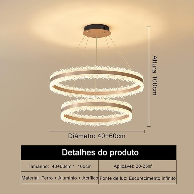Modern LED Pendant Light 3 Colors (3000K-4000K-6000K) - Remote Color and Brightness Adjustment - Adjustable Double Circle Design 40+60cm - 115W/80+60+40CM/60CM - For Dining Room, Kitchen and Bedroom - Gold - Image 3