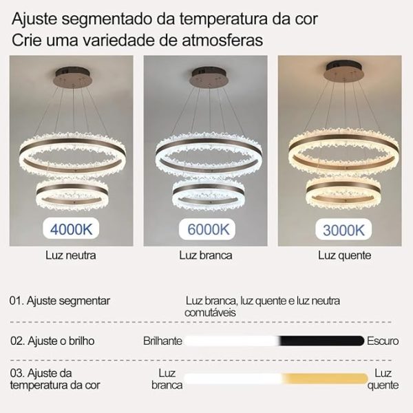 Modern LED Pendant Light 3 Colors (3000K-4000K-6000K) - Remote Color and Brightness Adjustment - Adjustable Double Circle Design 40+60cm - 115W/80+60+40CM/60CM - For Dining Room, Kitchen and Bedroom - Gold - Image 4