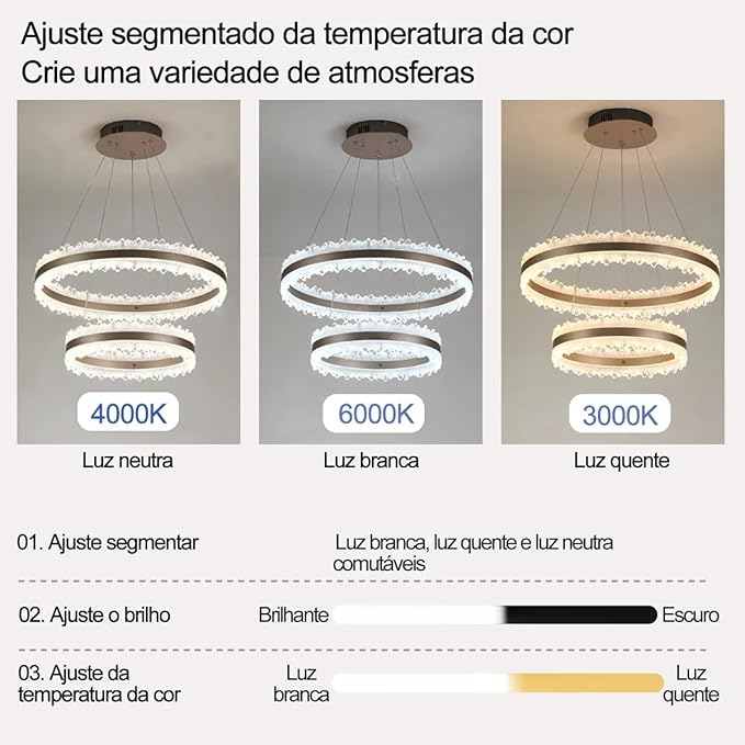 Modern LED Pendant Light 3 Colors (3000K-4000K-6000K) - Remote Color and Brightness Adjustment - Adjustable Double Circle Design 40+60cm - 115W/80+60+40CM/60CM - For Dining Room, Kitchen and Bedroom - Gold - Image 4