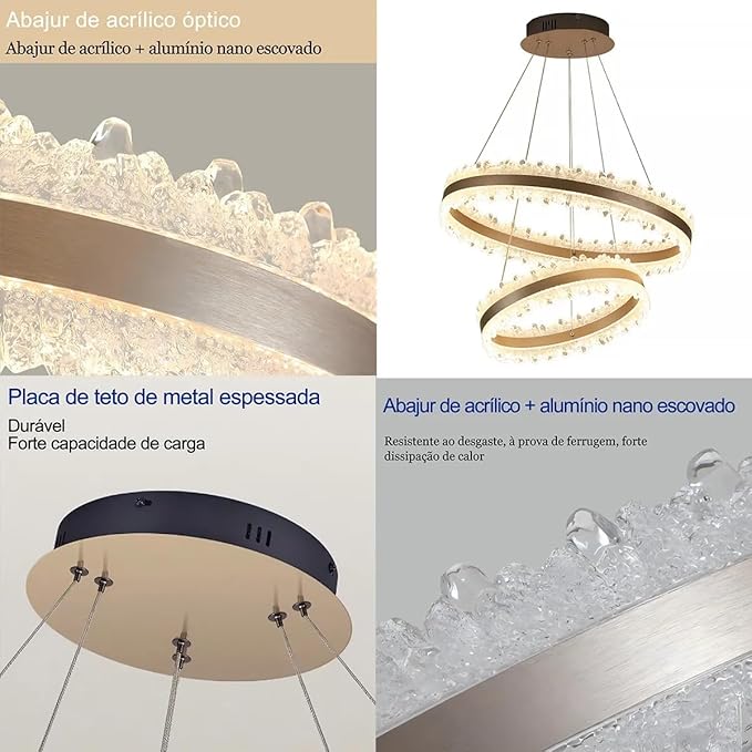 Modern LED Pendant Light 3 Colors (3000K-4000K-6000K) - Remote Color and Brightness Adjustment - Adjustable Double Circle Design 40+60cm - 115W/80+60+40CM/60CM - For Dining Room, Kitchen and Bedroom - Gold - Image 5