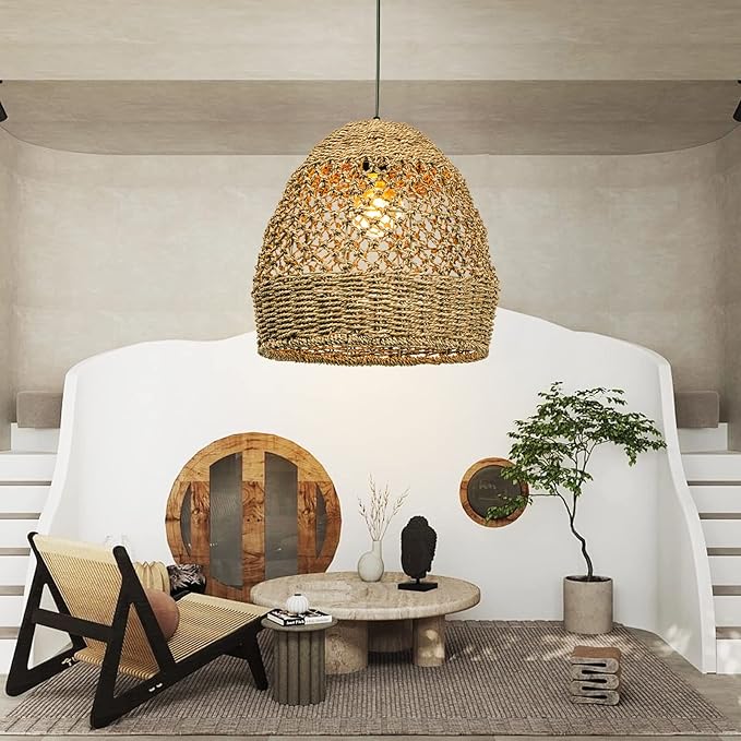 Rattan Chandelier Weaving Chandelier Hand-woven Bohemian Coastal Chandelier Rattan Basket Ceiling Chandelier Suitable for Dining Room Living Room D 11.8 inches * 15.7 inches - Image 2