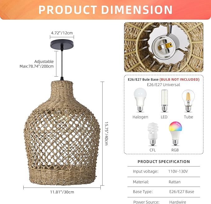 Rattan Chandelier Weaving Chandelier Hand-woven Bohemian Coastal Chandelier Rattan Basket Ceiling Chandelier Suitable for Dining Room Living Room D 11.8 inches * 15.7 inches - Image 6