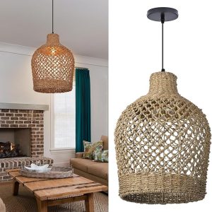 Rattan Chandelier Weaving Chandelier Hand-woven Bohemian Coastal Chandelier Rattan Basket Ceiling Chandelier Suitable for Dining Room Living Room D 11.8 inches * 15.7 inches