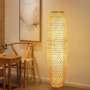Chinese Bamboo Woven Floor Lamp E27*3 Tall Standing Lamp Mid Century Decorative Zen Vertical Reading Lamp with Footswitch for Liv