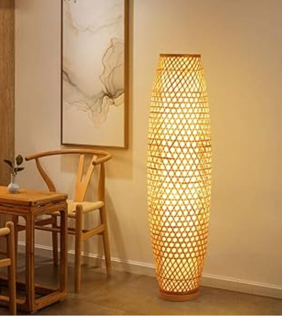 Chinese Bamboo Woven Floor Lamp E27*3 Tall Standing Lamp Mid Century Decorative Zen Vertical Reading Lamp with Footswitch for Liv