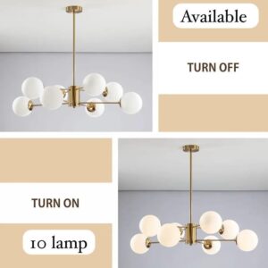 Brushed Brass Chandelier Mid Century Modern Sputnik Chandelier Light Fixture Globe Flush Mount Ceiling Light Milk Glass Ball Chandelier Kitchen Island Lighting Fixture (Gold+White)